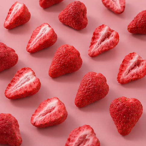 Premium sweetened freeze dried strawberries arranged in a heart shape on a pink background