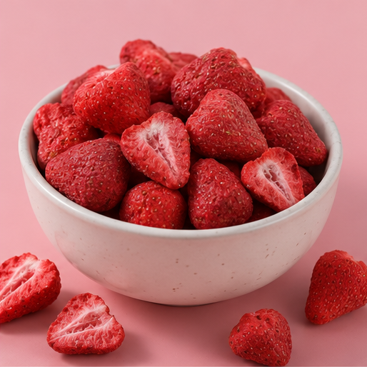 Bowl filled with premium sweetened freeze dried strawberries on a pastel pink background