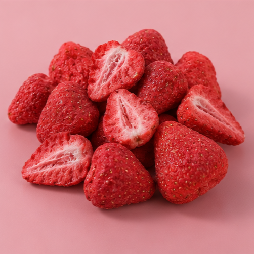 Whole and sliced freeze dried strawberries scattered on a pastel pink background with vibrant natural color